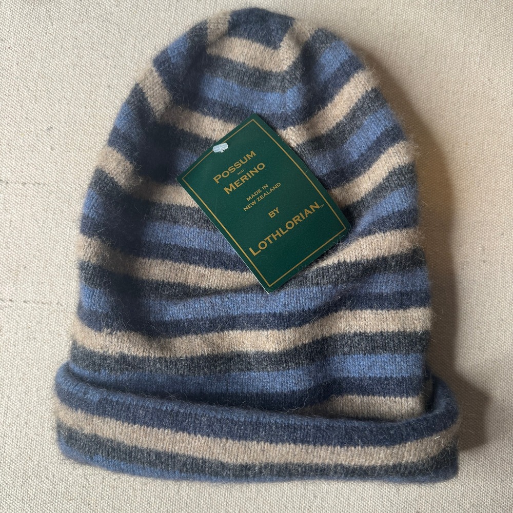 Lothlorian Possum Merino Wool Striped Beanie Hat Made in New Zealand Blue Grey